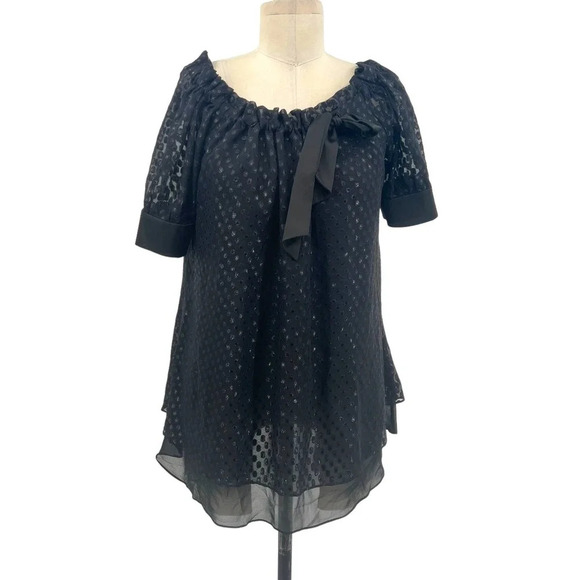 Diane von Furstenberg Miki Black Swiss Dot Bow Neck Silk Top Size 4‎ - Picture 1 of 8